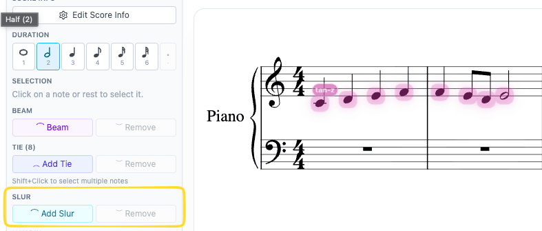 複数の音符を選択してスラーを追加した状態の右クリックメニュー