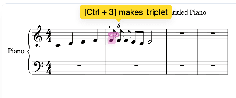 4分音符がCtrl+3で3連符に変換された楽譜