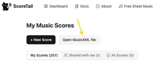 ダッシュボードの「MusicXMLファイルを開く」ボタン