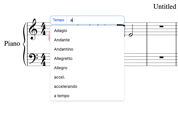 Tempo popover showing autocomplete suggestions while typing a tempo name