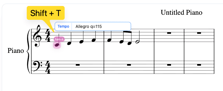 Tempo popover opened with Shift+T showing the text input field with q=120